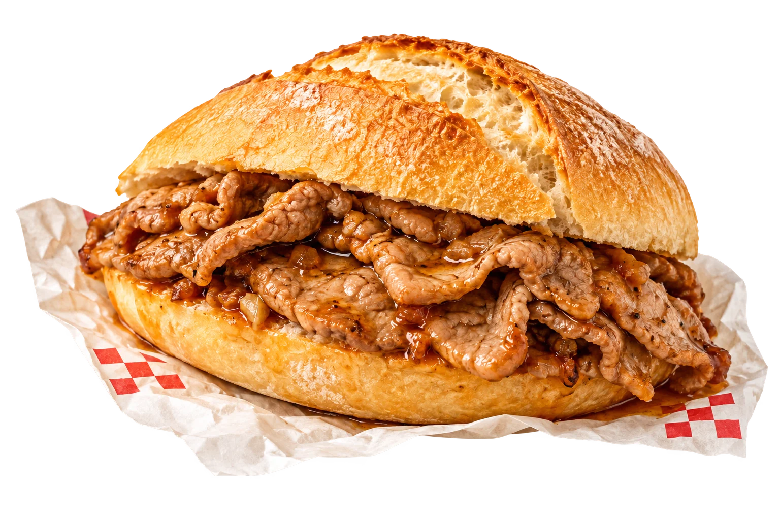 A golden, crusty Portuguese roll generously filled with juicy sliced pork on red-checkered deli paper